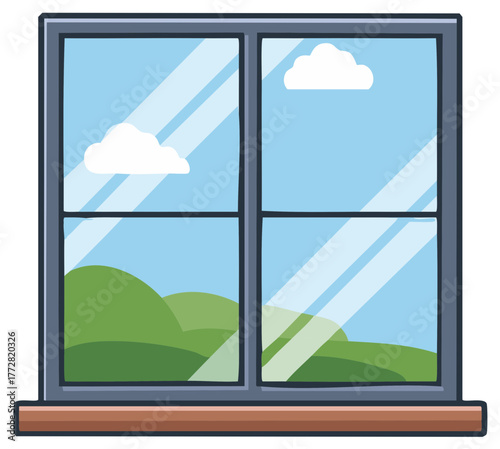 Stylized Window Frame With Hills, Clouds, and Sky in the Outside View