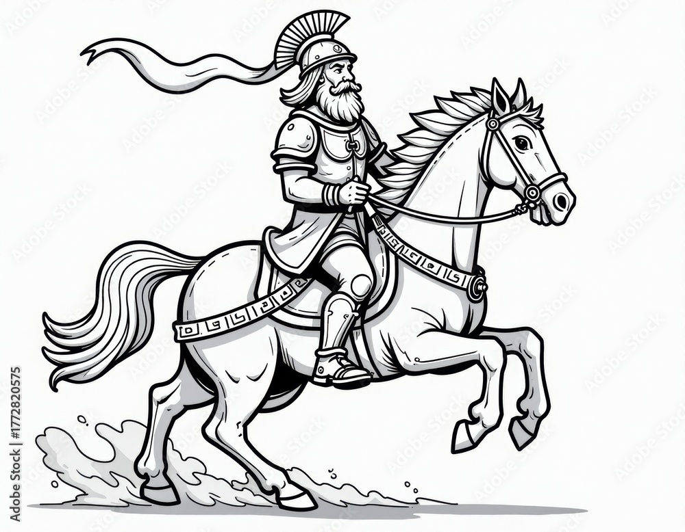 Obraz premium Ancient Warrior on Horseback Line Art Illustration