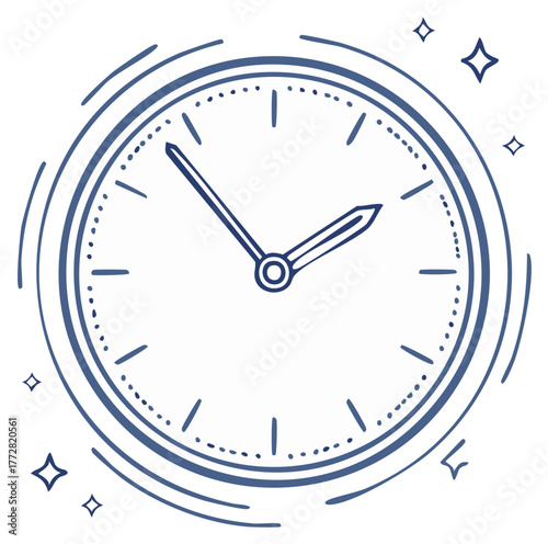 Hand drawn clock doodle icon with sparkles. Simple blue line art illustration of a watch face for time management.