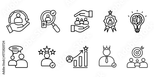 Consulting icon set collection in outline style. Icon pack contains consulting, client, research, support, expert, knowledge, advice, experience, potensial, succes, goals