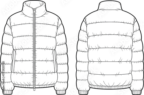 Puffer jacket technical sketch, insulated coat design, front and back view, zip closure, high collar illustration, quilted outerwear drawing, CAD drawing flat vector illustration