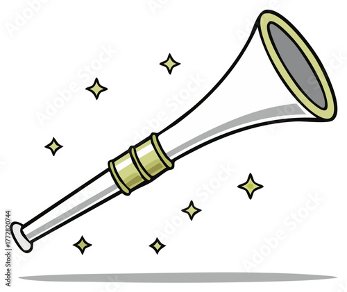 Cartoon telescope or spyglass surrounded by shining stars with shadow on ground