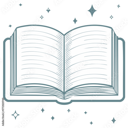 Open book with radiating stars and sparkles educational or magical concept illustration