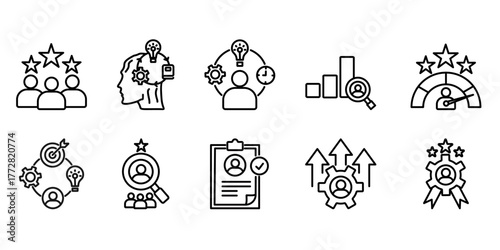 competence icon set collection in outline style. Icon pack contains competence, experience, knowledge, skills, behavior, performance,goals, talent, qualification, capability, pfoficiency