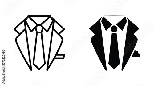 Vector art of Suit icon contains outline and silhouette version of a formal business attire with tie and handkerchief