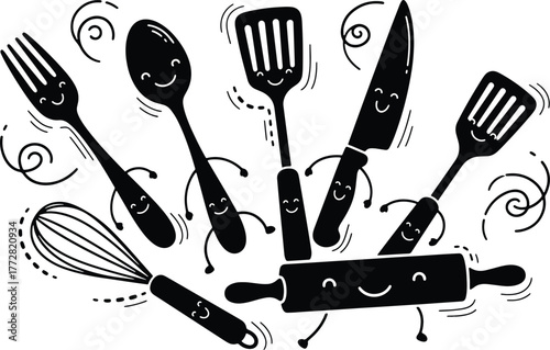 Fun Kitchen Utensils with Smiling Faces Illustration black and white drawing