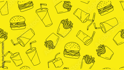 Fun fast food seamless vector pattern background on bright yellow color