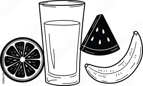 Graphic illustration of healthy lifestyle choices with fruits and beverage