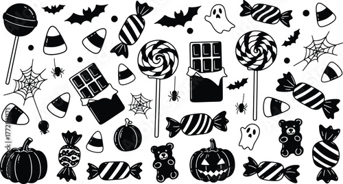 Halloween candy sweets seamless pattern hand drawn in doodle style