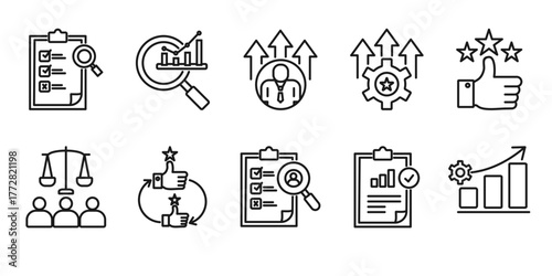 Evaluation icon set collection in outline style. Icon pack contains evaluation, Assessment, analysis, performance, improvement, review, judgment, feedback, criteria, results, outcome, people