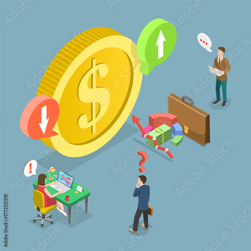 3D Isometric Flat Vector Illustration of Cost Of Dollar, Fluctuating Costs With Arrow Movements