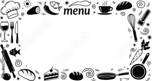 Menu Frame with Culinary Illustrations Food and Drink Elements on White Background