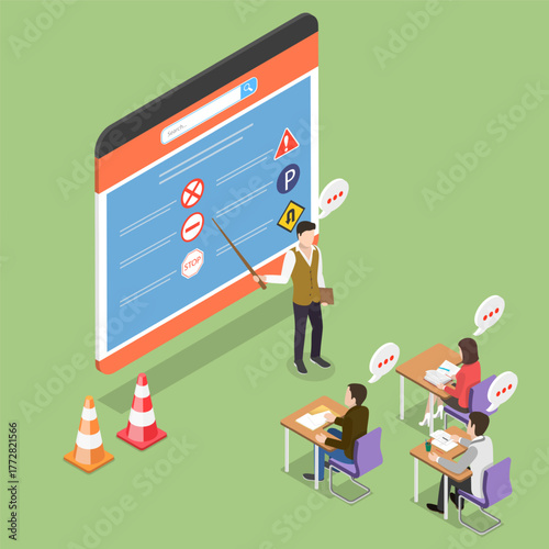 3D Isometric Flat Vector Illustration of Road Safety Learing, Professional School With Experienced Instructors And Comprehensive Lessons