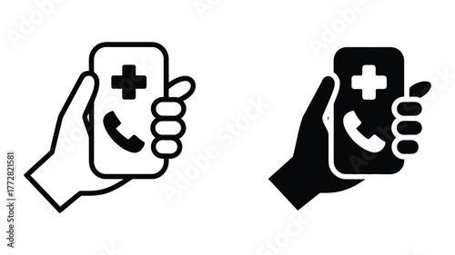 Vector art of Emergency call on smartphone hand holding mobile phone with plus sign and phone receiver icon on screen medical assistance