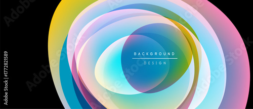 Abstract colorful layers create dynamic oval shape. Gradient hues blend, forming modern background design. Smooth transitions, vibrant visuals.