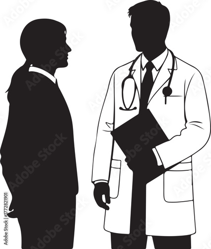 Medical consultation between a doctor and a patient silhouette, representing healthcare communication, diagnosis, and medical advice discussion for health and wellness