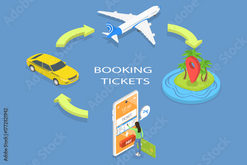 3D Isometric Flat Vector Illustration of Online Ticket Booking, Digital Reservation Platform, Access Convenient Ticketing Services