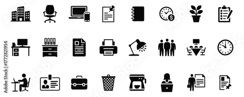 Collection of office workspace icons for business and productivity applications vector