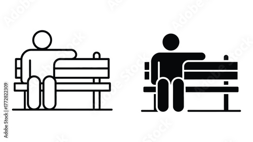 Person sitting on bench icon in outline and glyph style relaxing, resting, park, vector illustration