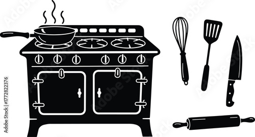 Vintage Kitchen Stove with Cooking Utensils in Black and White Illustration
