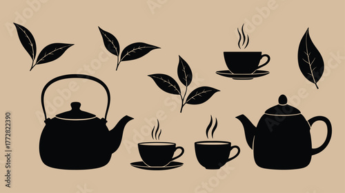 Tea time concept with teapots cups and tea leaves silhouettes
