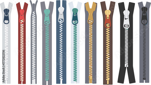 Zipper collection vector, fashion fastener design, colorful slider styles, CAD drawing, flat illustration, textile accessory sketch, closure detail, garment hardware, editable set