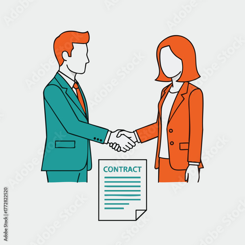 Business handshake between professionals and contract document.