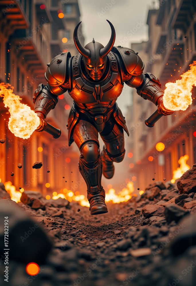 Naklejka premium Infernal Warrior's Charge Through a Blazing City
