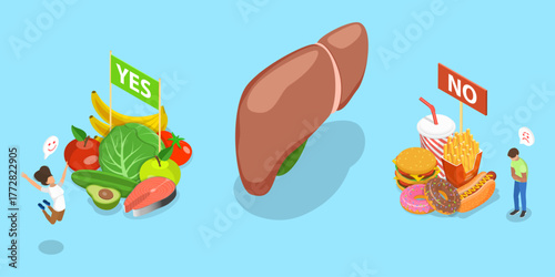 3D Isometric Flat Vector Illustration of Good And Bad Food For Liver, Balanced Diet Choices