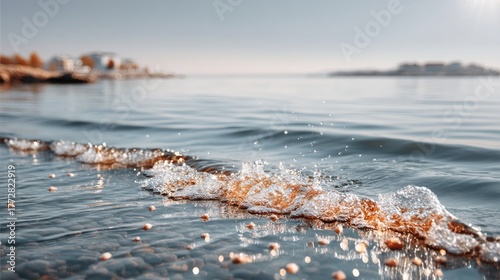 Gentle Waves Lap at a Sunlit Shore with Sparkling Water and Distant Buildings Under a Clear Blue Sky