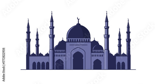Vector flat 2D illustration showing traditional mosque building architecture with prominent minarets and a large dome, isolated against a clean white background.