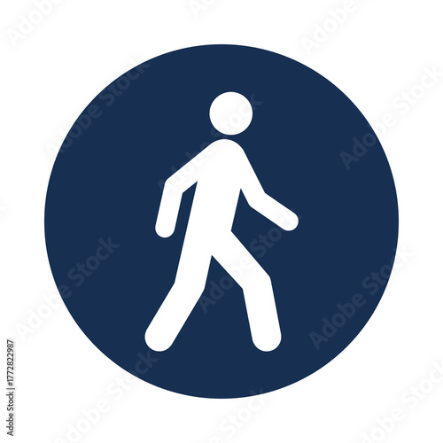 White silhouette of a walking person inside a dark blue circle isolated on transparent background