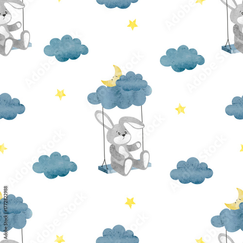 Cute toy bunny on swing seamless pattern. Vector watercolor illustration with cartoon rabbits, moon and stars