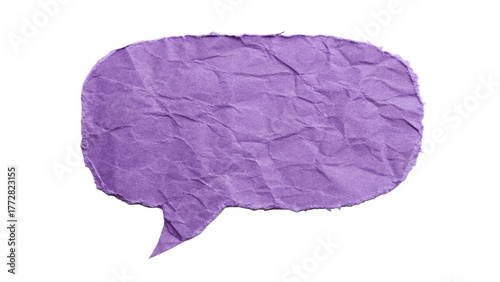 A digital illustration of purple speech bubble with a textured, torn paper effect.