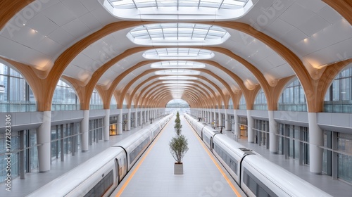 Modern Train Station Architecture With Curved Roof Design And Natural Light Illuminating Platforms With Two Trains Parked In Manila Philippines
