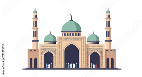 A beautiful 2D flat vector illustration featuring a traditional Islamic mosque with prominent prayer hall domes and towering minarets, isolated on a clean white background.
