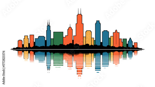 Vibrant Cityscape Reflection: A stylized city silhouette is mirrored in the tranquil water, with vivid colors creating a striking visual contrast, depicting an urban environment