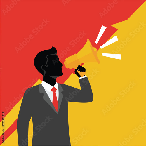 Businessman Shouting into a Megaphone for Announcement.