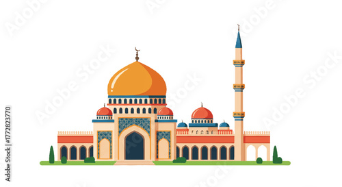 Flat 2D vector illustration depicting a traditional Islamic mosque building featuring a prominent large central dome, tall minarets, and an open courtyard isolated on a clean white background.
