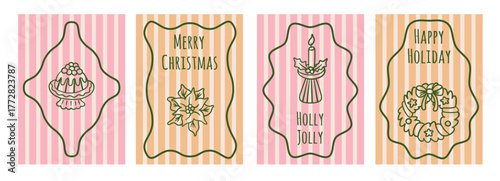 Set of four cute Christmas cards in a hand-drawn line art style. Features wreath, poinsettia, candle, and festive cake on a striped background.