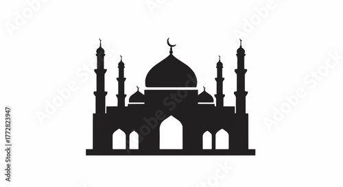 A simple vector illustration of a traditional mosque silhouette featuring minarets and a dome, rendered in a minimalist flat 2D style against a clean white background.