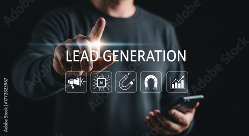 Lead generation hand touching digital interface with marketing icons