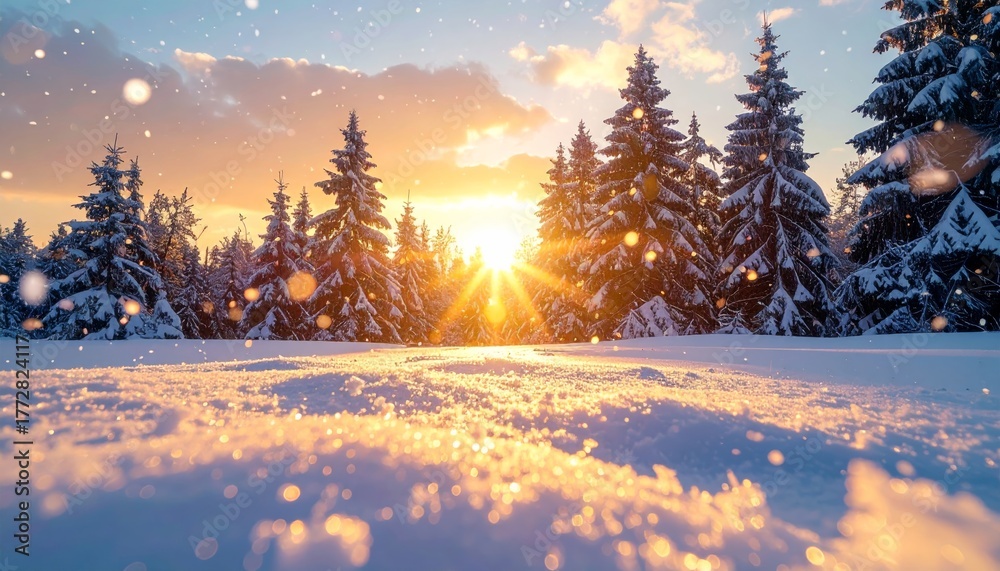 Obraz premium Beautiful snowy Christmas landscape with pine trees and warm golden sunlight, symbolizing peace and serenity in a winter wonderland. Copy space area