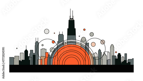 Cityscape Silhouette: A stylized cityscape silhouette, featuring iconic buildings, and architectural structures. An abstract illustration of urban landscape.