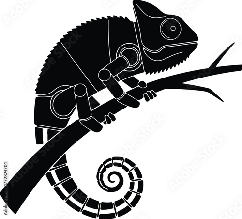 Vector graphic of a chameleon reptile on a branch silhouette illustration