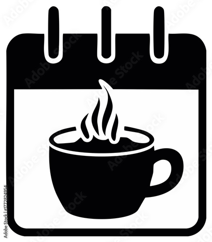 Stylized black and white calendar page icon with steaming coffee cup
