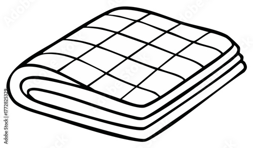 Neatly folded quilted blanket or comforter, simple black and white line art illustration
