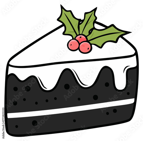 Slice of Decorated Fruitcake with Holly Berries and Leaves Illustration