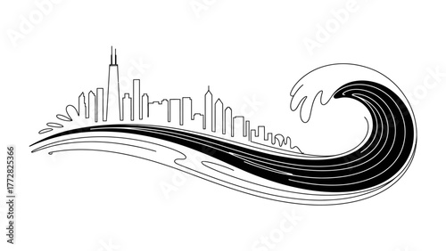 Urban Skyline Silhouette Merged with Ocean Wave: A minimalistic illustration depicts a cityscape silhouette artfully integrated with an ocean wave.