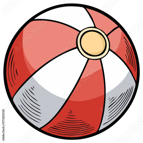 Classic red and white striped beach ball in a hand drawn cartoon illustration style